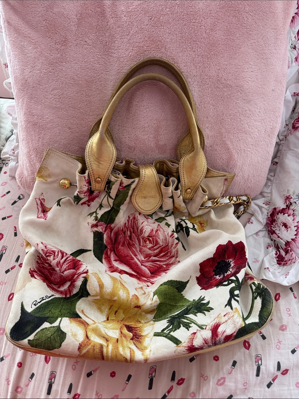 Roberto cavalli Floral Canvas Tote with Gold Leather Handles